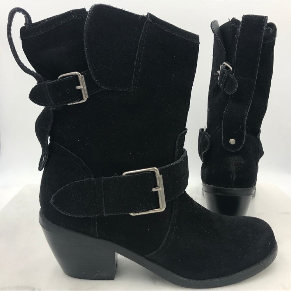 Dolce Vita Black Suede Leather Adjustable Buckle‎ Mid Calf Moto Boots D21
